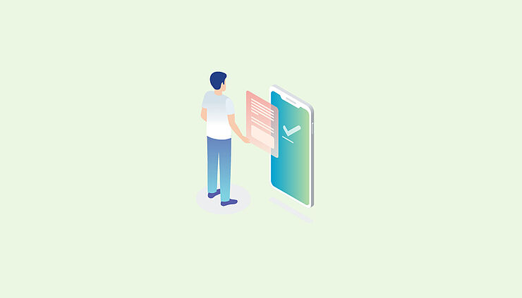 Illustration eVerordnung: Figur vor großem Handy mit Rezeptformular