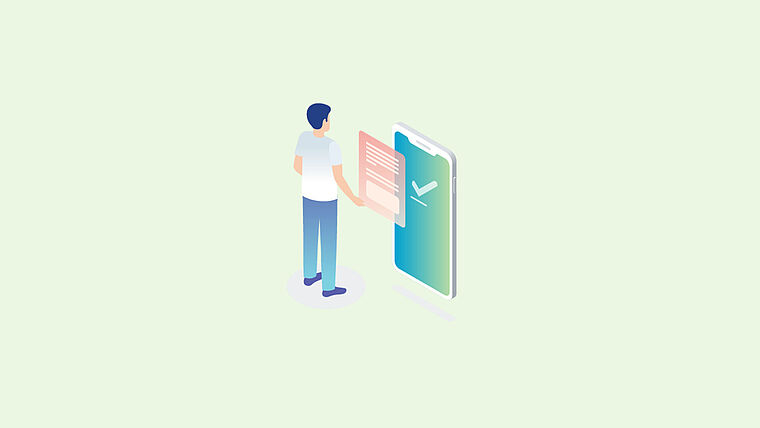 Illustration eVerordnung: Figur vor großem Handy mit Rezeptformular